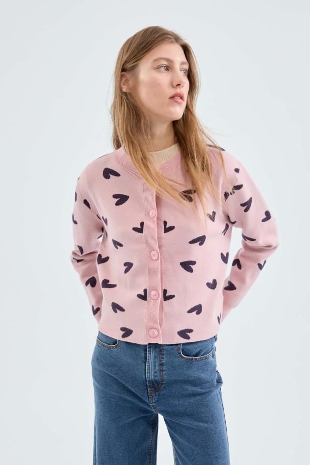 CHAQUETA DE PUNTO FINO CON ESTAMPADO DE CORAZONES