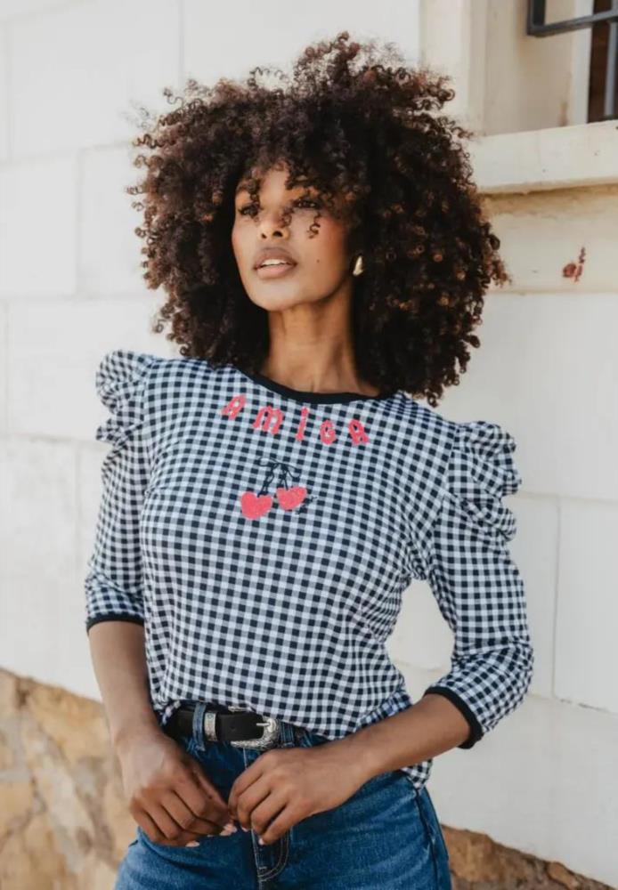 Camiseta Animosa Amiga cuadro vichy negro