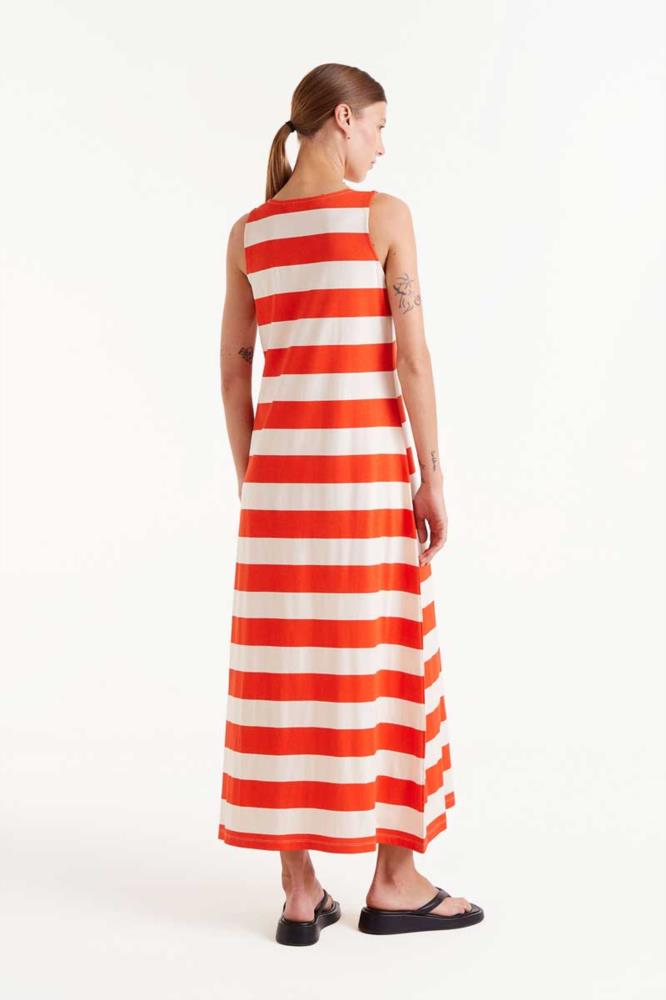 VESTIDO LARGO ESTAMPADO RAYAS ROJAS