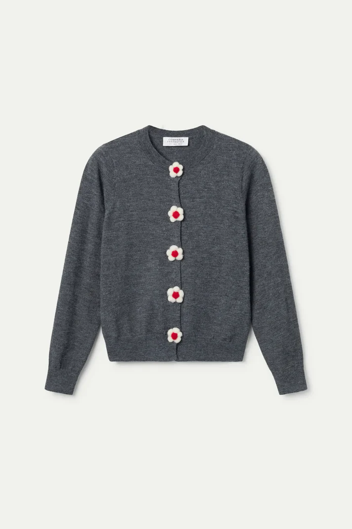 Cardigan de punto fino Compañía Fantástica con detalle floral gris Cardigan de punto fino Compañía Fantástica con detalle floral gris