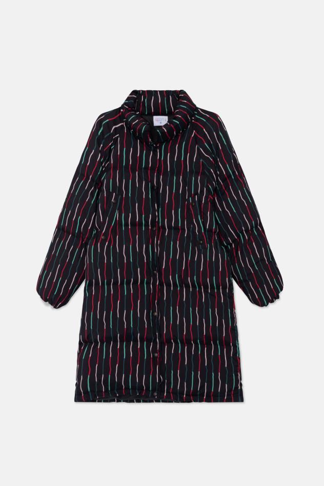 ABRIGO PLUMIFERO MIDI CON ESTAMPADO DE RAYAS NEGRO ABRIGO PLUMIFERO MIDI CON ESTAMPADO DE RAYAS NEGRO